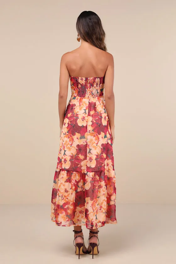 Bright Perspective Plum and Orange Floral Strapless Midi Dress sold by Lulus product image thumbnail 2