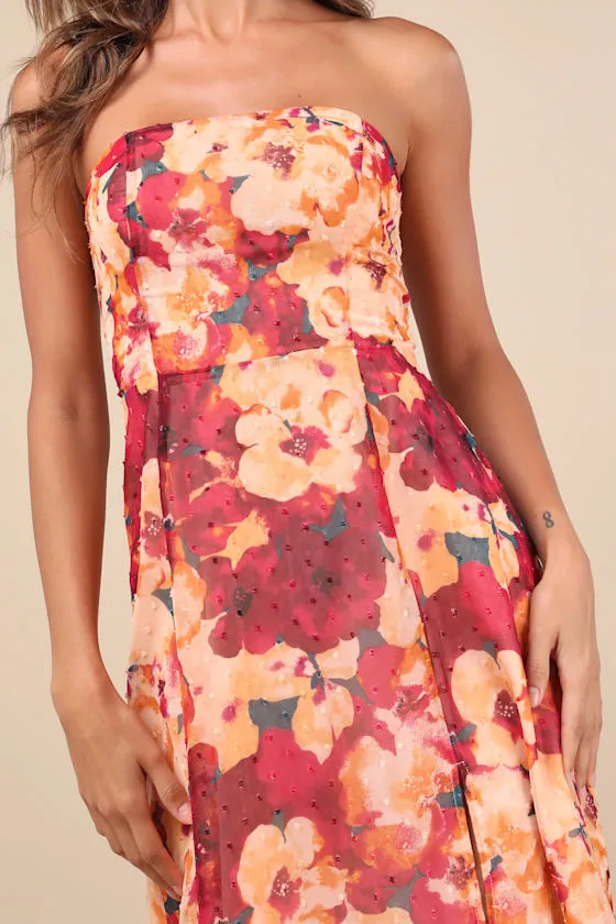 Bright Perspective Plum and Orange Floral Strapless Midi Dress sold by Lulus product image thumbnail 3