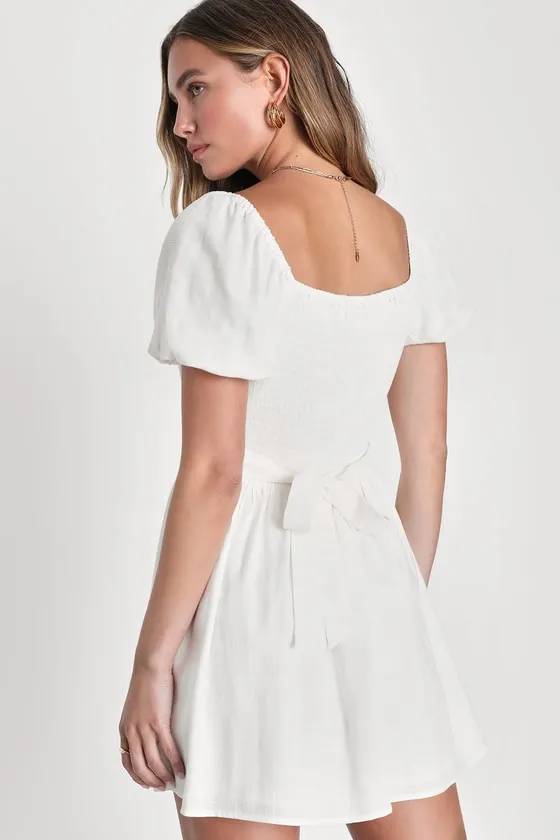 Effortlessly Endearing White Puff Sleeve Smocked Mini Dress sold by Lulus product image thumbnail 4