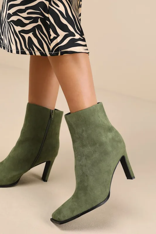 Korey Green Suede Square-Toe Ankle Booties sold by Lulus