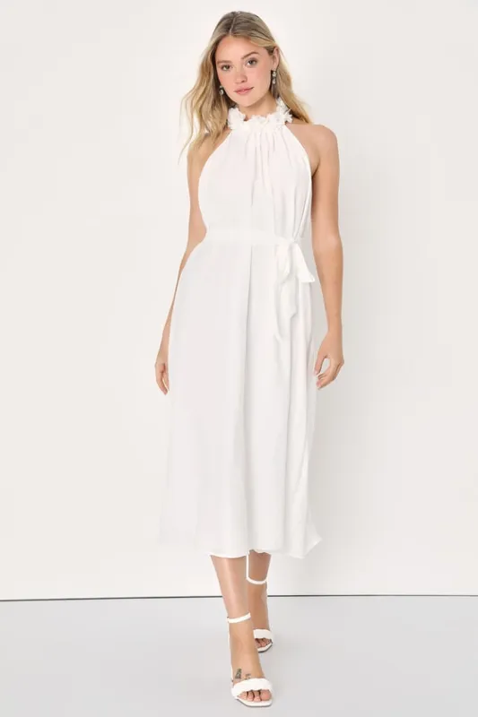 Angelic Outlook White 3D Floral Halter Shift Midi Dress sold by Lulus