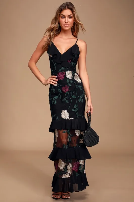 True to Heart Black Floral Embroidered Maxi Dress sold by Lulus