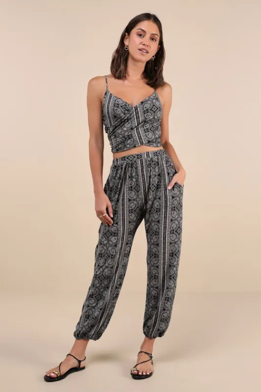 Doin' it Right Black Scarf Print Wrap Two-Piece Jumpsuit sold by Lulus