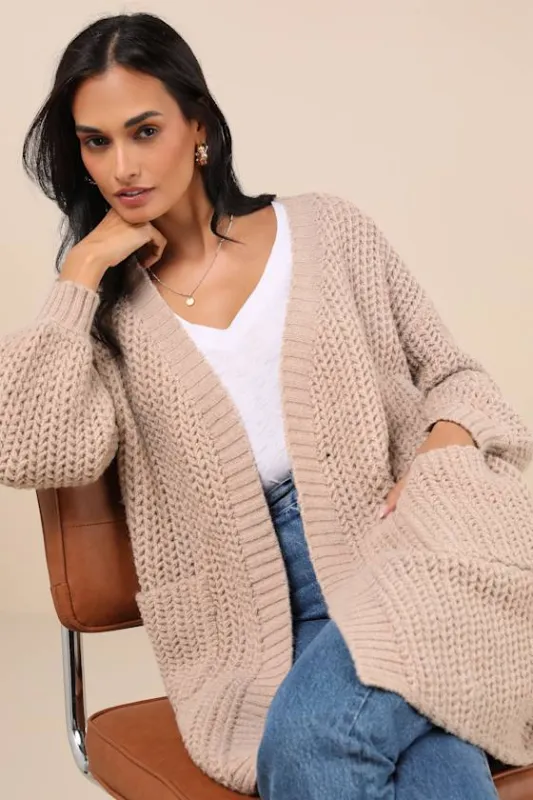 Snuggly Staple Tan Knit Cardigan Sweater sold by Lulus