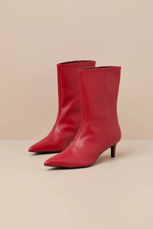 Game Changer Red Leather Pointed-Toe Mid-Calf Boots sold by Lulus