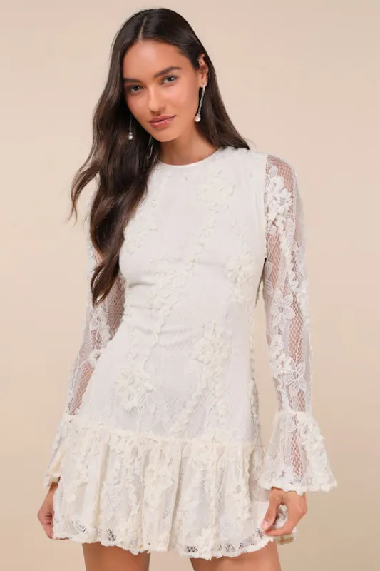 Darling Era Ivory Lace Applique Long Sleeve Ruffled Mini Dress sold by Lulus