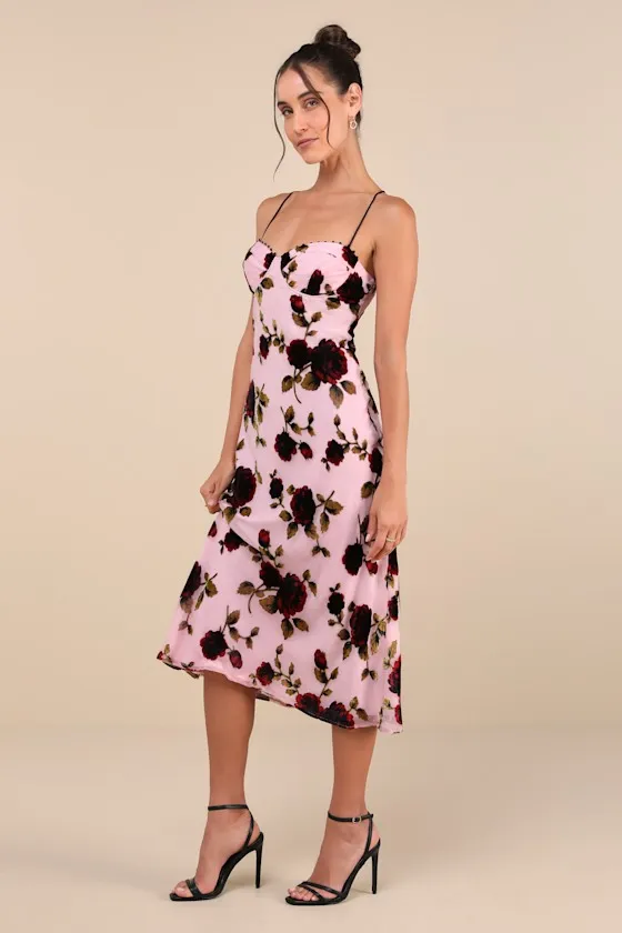 Blissful Date Pink Floral Velvet Burnout Lace-Up Midi Dress sold by Lulus