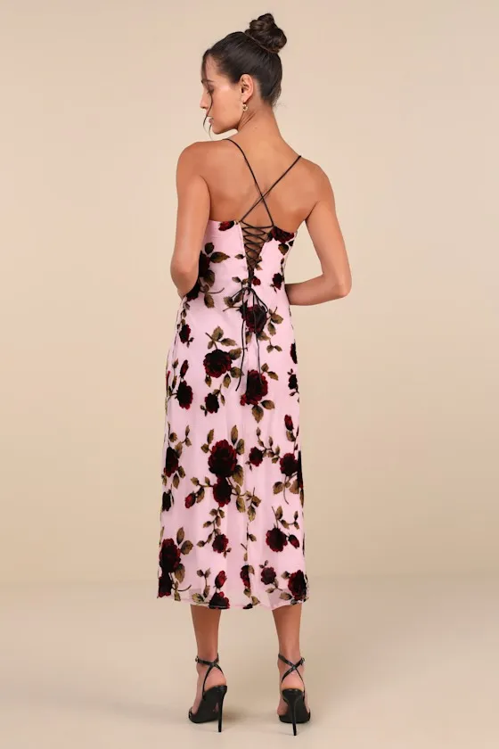 Blissful Date Pink Floral Velvet Burnout Lace-Up Midi Dress sold by Lulus product image thumbnail 2