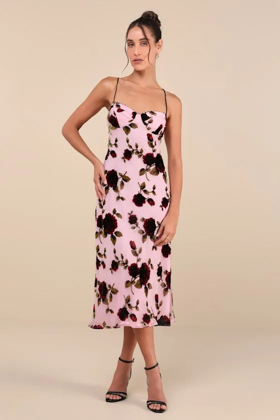 Blissful Date Pink Floral Velvet Burnout Lace-Up Midi Dress sold by Lulus product image thumbnail 3