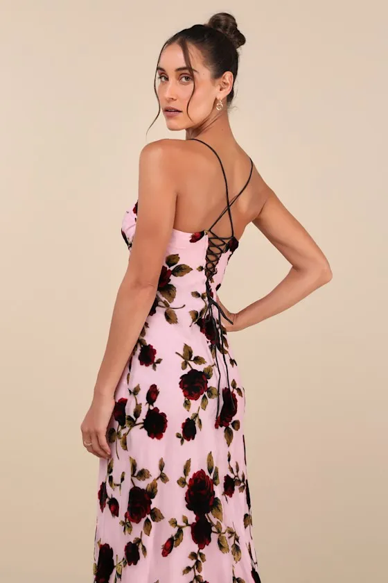 Blissful Date Pink Floral Velvet Burnout Lace-Up Midi Dress sold by Lulus product image thumbnail 4