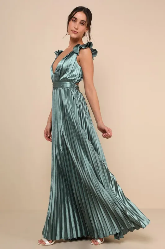 Exceptional Drama Sage Green Satin Lace-Up Pleated Maxi Dress sold by Lulus