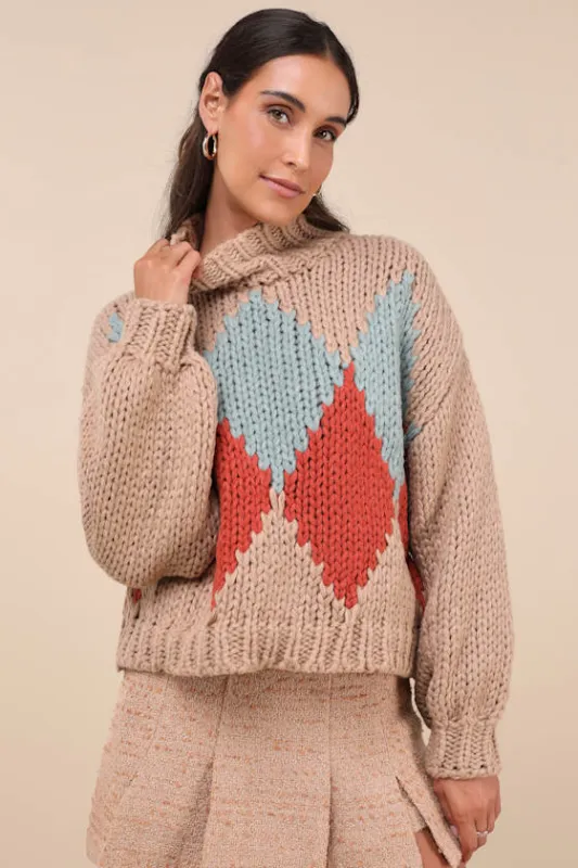 Cabin Cuteness Taupe Multi Diamond Pattern Pullover Sweater sold by Lulus