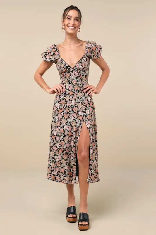 Meadow Muse Black Floral Tie-Back Puff Sleeve Midi Dress sold by Lulus
