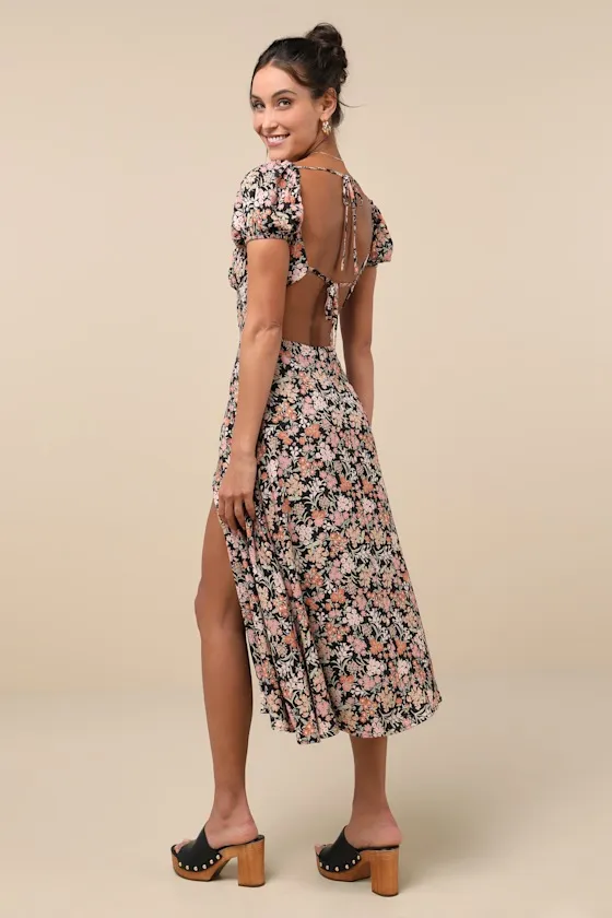 Meadow Muse Black Floral Tie-Back Puff Sleeve Midi Dress sold by Lulus product image thumbnail 3