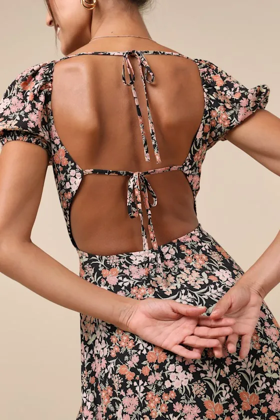 Meadow Muse Black Floral Tie-Back Puff Sleeve Midi Dress sold by Lulus product image thumbnail 4