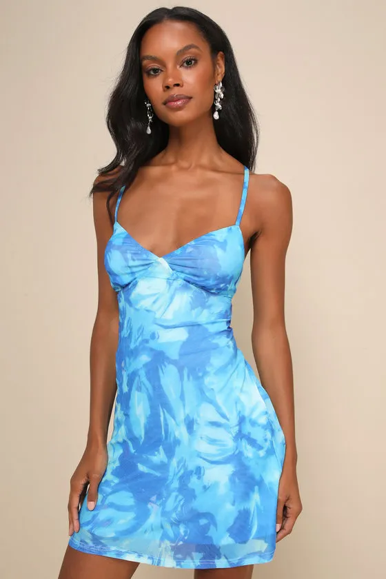 Ethereal Cutie Blue Floral Abstract Mesh Lace-Up Mini Dress sold by Lulus