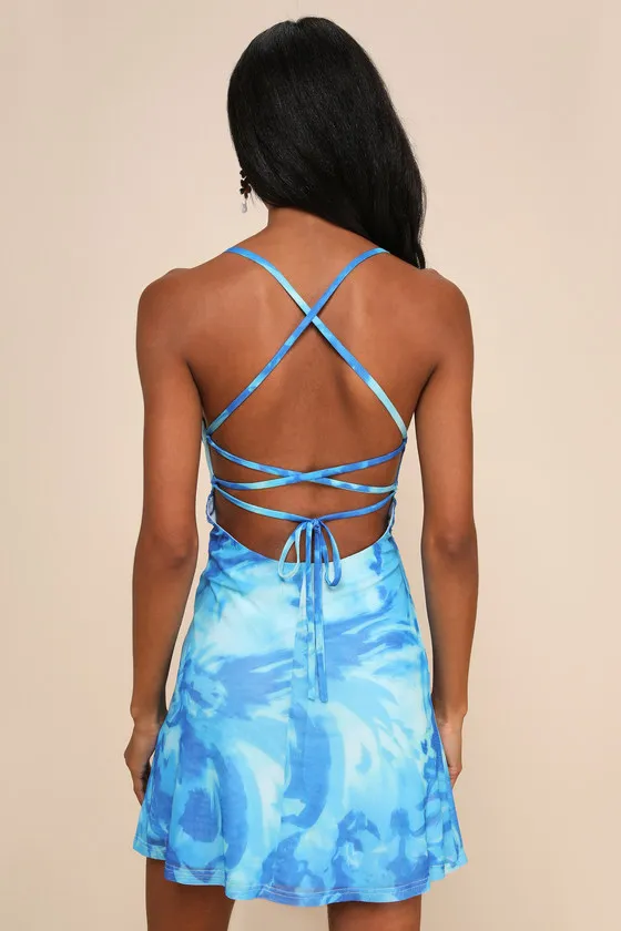 Ethereal Cutie Blue Floral Abstract Mesh Lace-Up Mini Dress sold by Lulus product image thumbnail 3