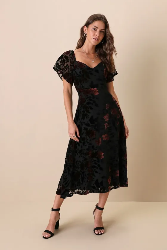 Lovely Purpose Black Velvet Floral Burnout Lace-Up Midi Dress sold by Lulus
