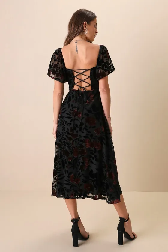 Lovely Purpose Black Velvet Floral Burnout Lace-Up Midi Dress sold by Lulus product image thumbnail 2