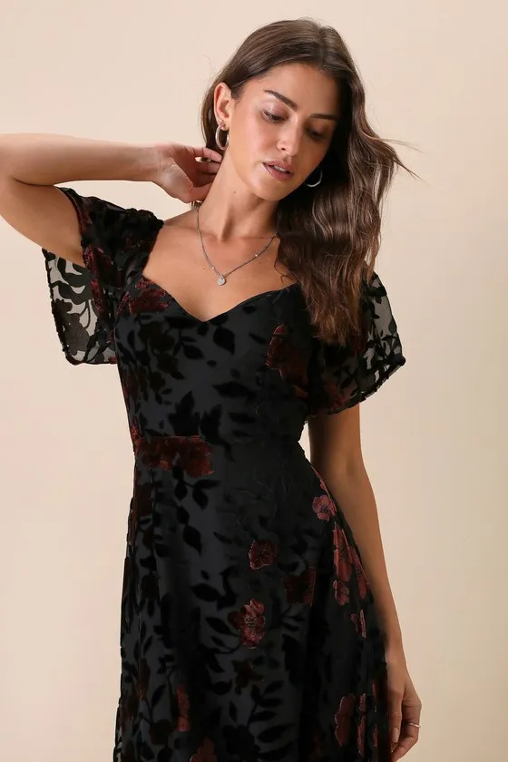 Lovely Purpose Black Velvet Floral Burnout Lace-Up Midi Dress sold by Lulus product image thumbnail 3