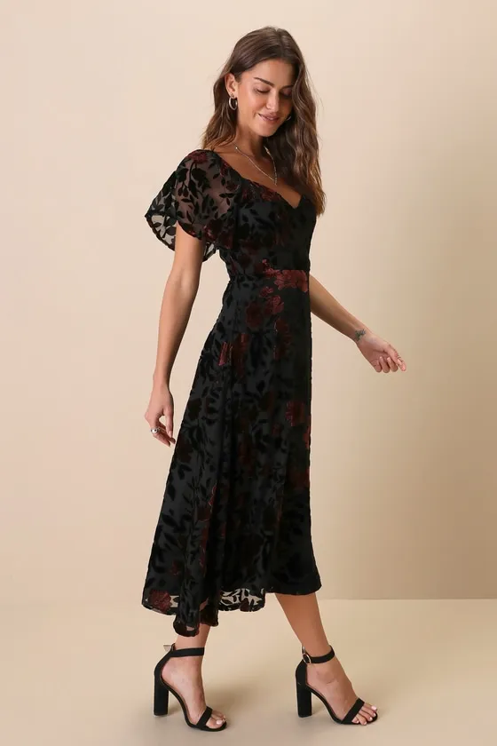Lovely Purpose Black Velvet Floral Burnout Lace-Up Midi Dress sold by Lulus product image thumbnail 4