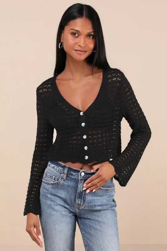 Stellar Sweetie Black Pointelle Knit Cropped Cardigan sold by Lulus