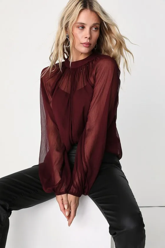 Angelically Airy Burgundy Balloon Sleeve Top sold by Lulus