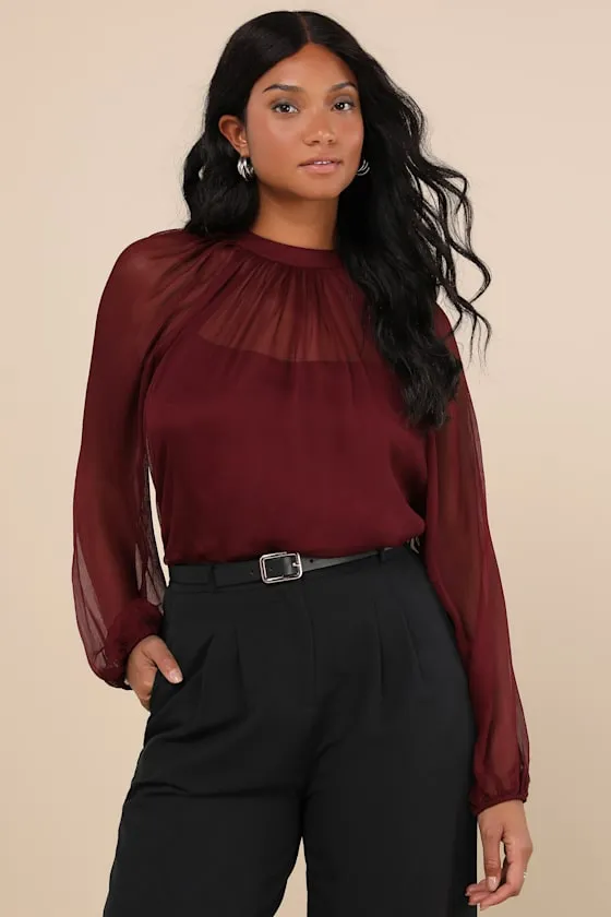 Angelically Airy Burgundy Balloon Sleeve Top sold by Lulus product image thumbnail 2
