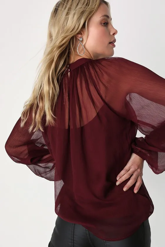 Angelically Airy Burgundy Balloon Sleeve Top sold by Lulus product image thumbnail 4