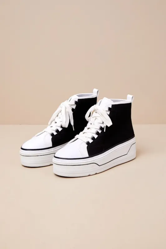 Eyekonn Black and White High Top Platform Lace-Up Sneakers sold by Lulus