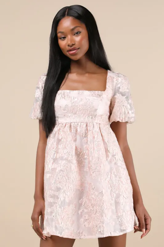 Adored Mood Pink Jacquard Puff Sleeve Tie-Back Mini Dress sold by Lulus