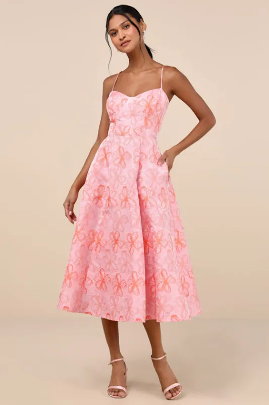 Meet for Tea Pink Jacquard Bustier Midi Dress With Pockets made by Lulus
