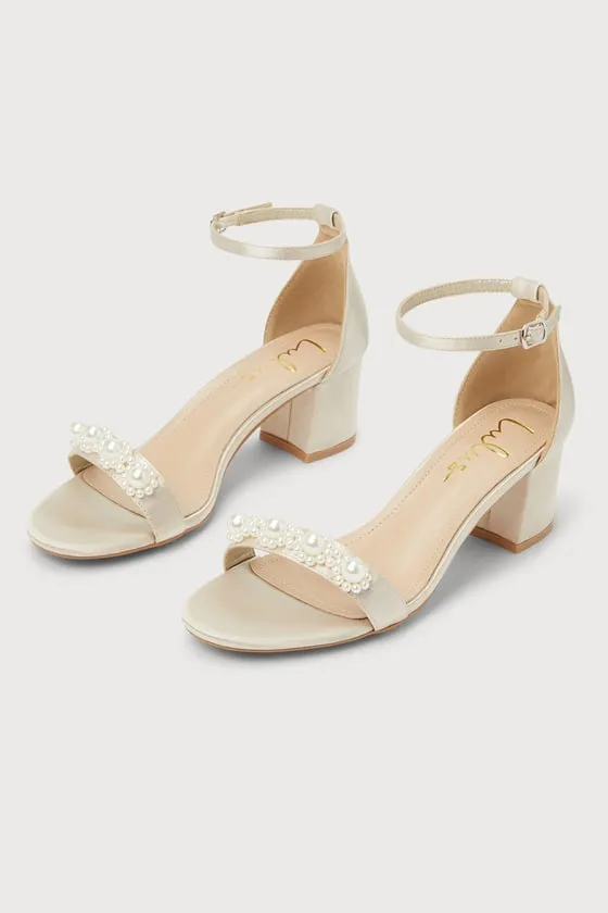Kutest Champagne Satin Pearl Ankle Strap Heels sold by Lulus