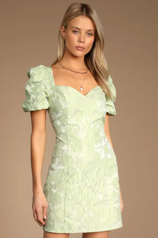 Beyond Amazing Light Green Floral Jacquard Puff Sleeve Dress sold by Lulus