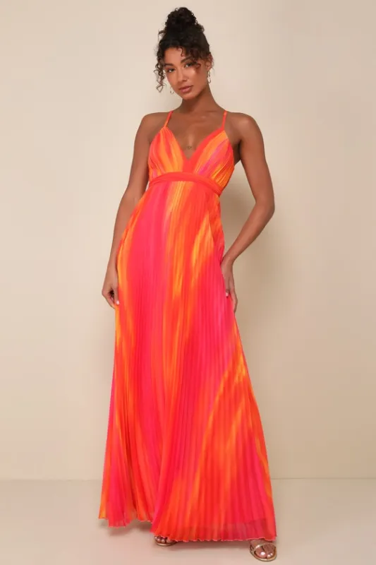 Lovely Boldness Orange Multi Watercolor Pleated Maxi Dress sold by Lulus
