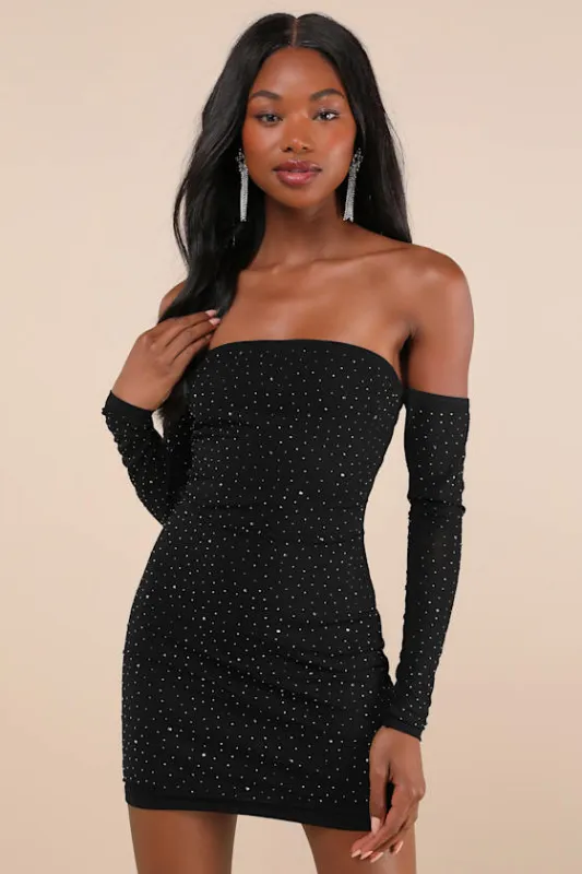 Magnetic Glam Black Mesh Rhinestone Off-the-Shoulder Mini Dress sold by Lulus