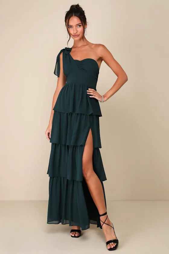 Elevated Vision Emerald Green One-Shoulder Tiered Maxi Dress sold by Lulus