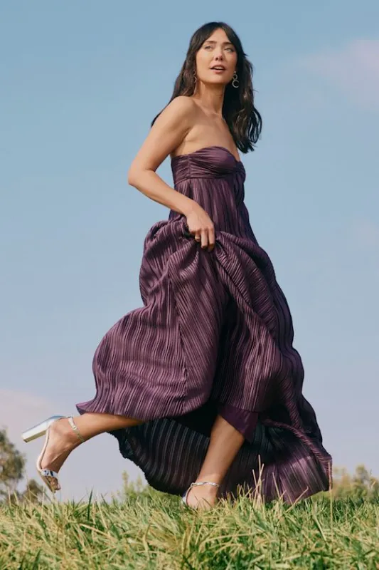 Whimsical Beauty Dark Purple Satin Plisse Strapless Maxi Dress sold by Lulus