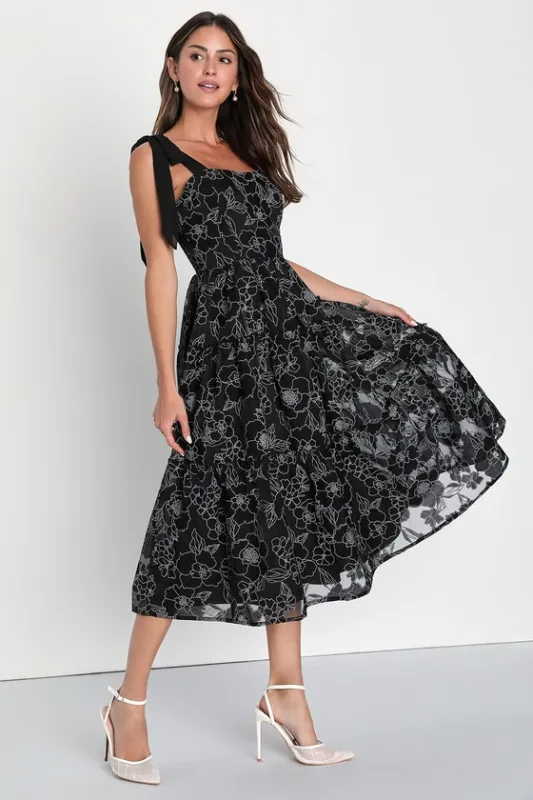 Proof of Perfection Black Floral Tiered Tie-Strap Midi Dress sold by Lulus