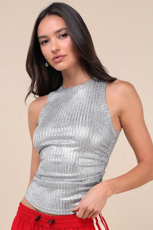 Limelight Vibes Metallic Silver Tank Top sold by Lulus