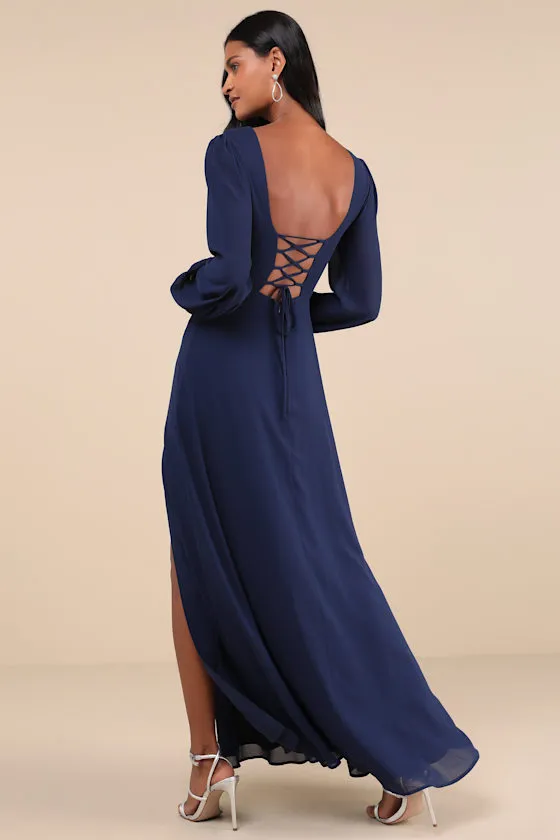 Marvelous Affair Navy Blue Pleated Lace-Up Maxi Dress sold by Lulus product image thumbnail 2