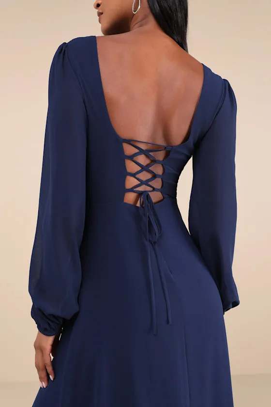 Marvelous Affair Navy Blue Pleated Lace-Up Maxi Dress sold by Lulus product image thumbnail 3