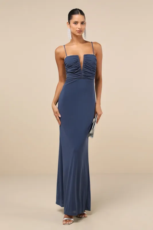 Undeniable Elegance Dark Slate Blue Mesh Ruched Maxi Dress sold by Lulus