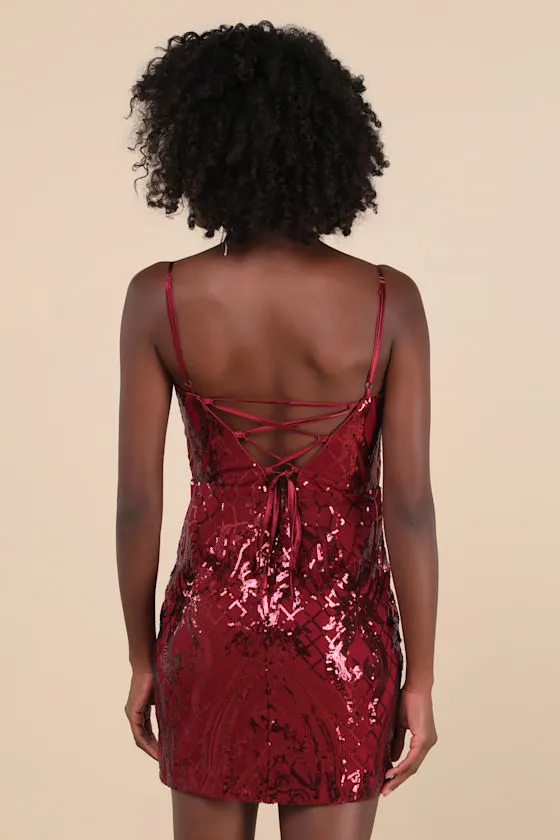Sparkling Magic Wine Red Sequin Lace-Up Mini Dress sold by Lulus product image thumbnail 2
