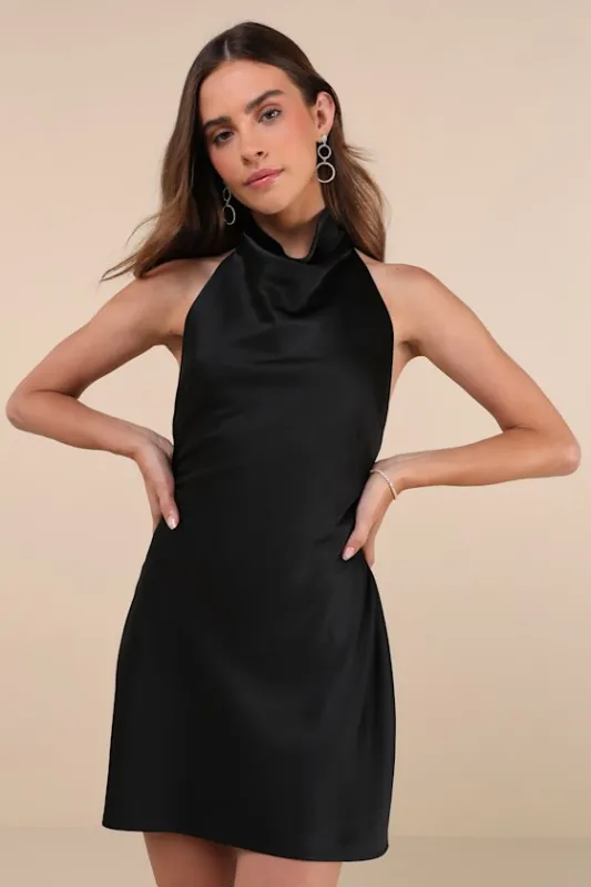 Gorgeous Endeavor Black Satin Halter Mini Slip Dress sold by Lulus
