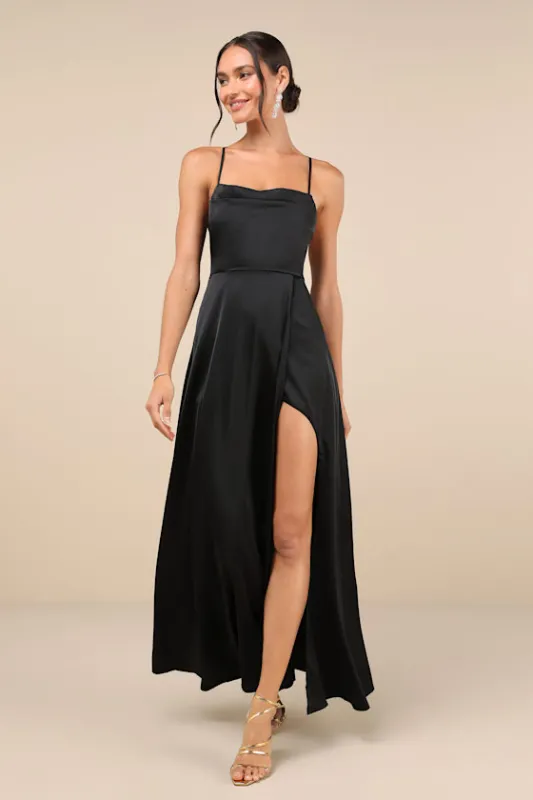 So Loving Black Satin Pleated Lace-Up Backless Maxi Dress sold by Lulus