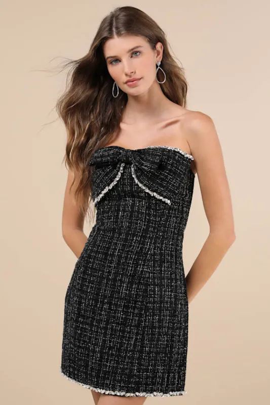 Precious and Perfect Black Tweed Rhinestone Bow Mini Dress sold by Lulus