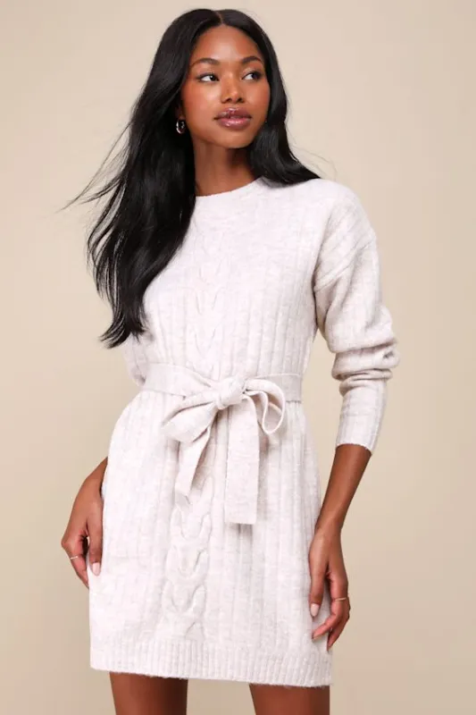 Wishing on Winter Cream Cable Knit Mini Sweater Dress sold by Lulus