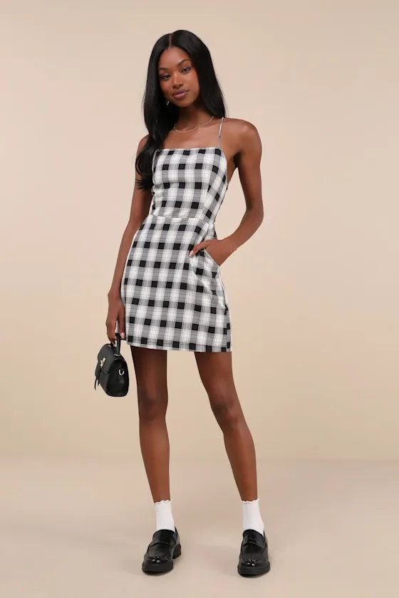 Sweetest Memory Black Plaid Lace-Up Mini Dress With Pockets sold by Lulus
