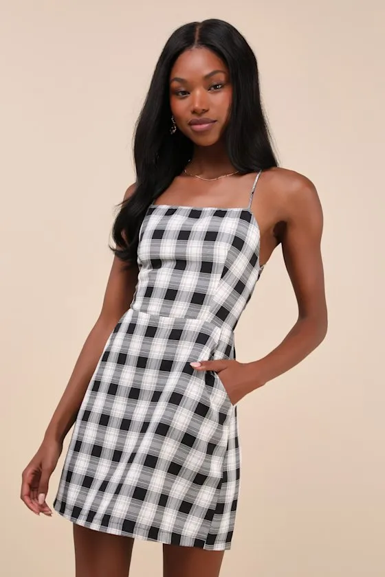 Sweetest Memory Black Plaid Lace-Up Mini Dress With Pockets sold by Lulus product image thumbnail 2